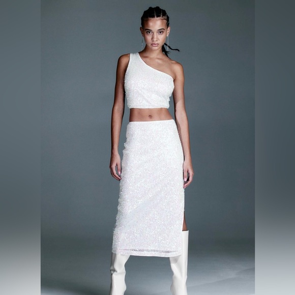 H&M Sequined One Shoulder Net Top & Sequined Net Skirt - Size L - Picture 1 of 14